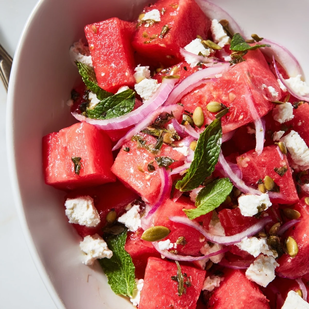 Fresh watermelon feta mint salad bowl topped with crunchy toasted pumpkin seeds
