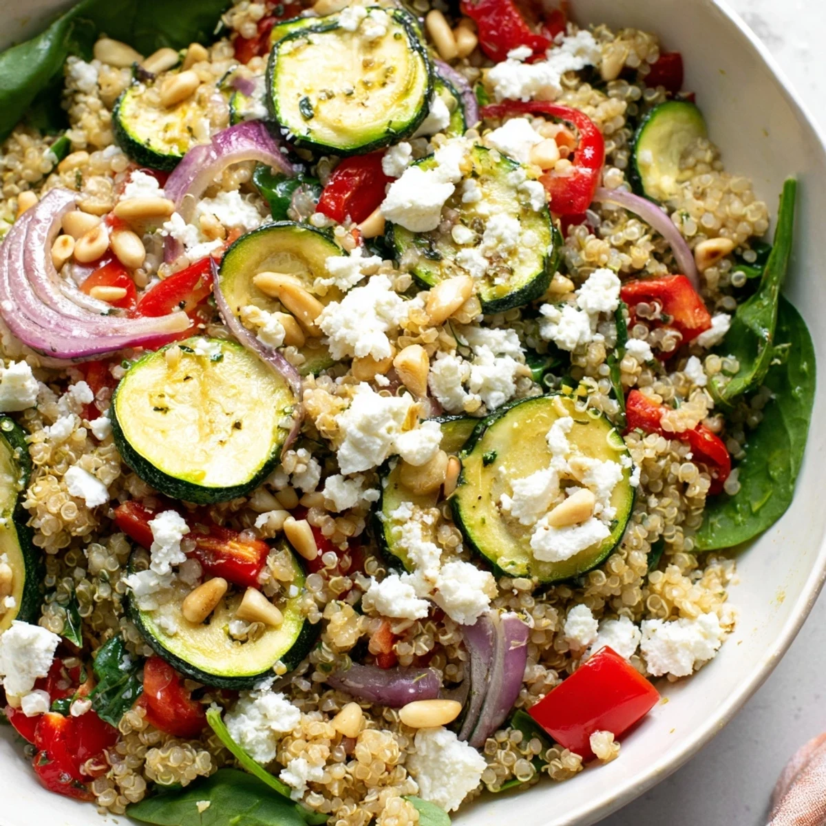 Healthy roasted zucchini quinoa grain bowl featuring crisp veggies, creamy feta, and lemon herb dressing