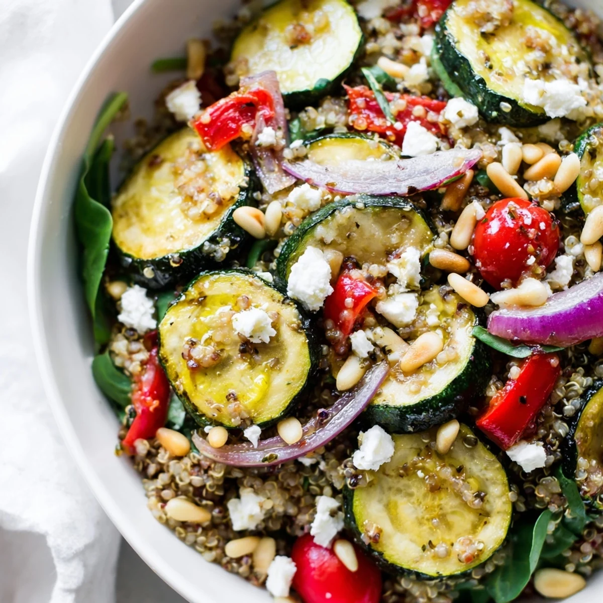Colorful Mediterranean roasted zucchini quinoa grain bowl topped with crumbled feta and fresh vegetables