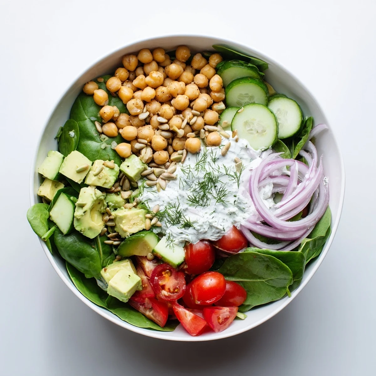 Vibrant vegetarian chickpea salad bowl featuring ripe avocado crisp spinach and tangy Greek yogurt dill dressing
