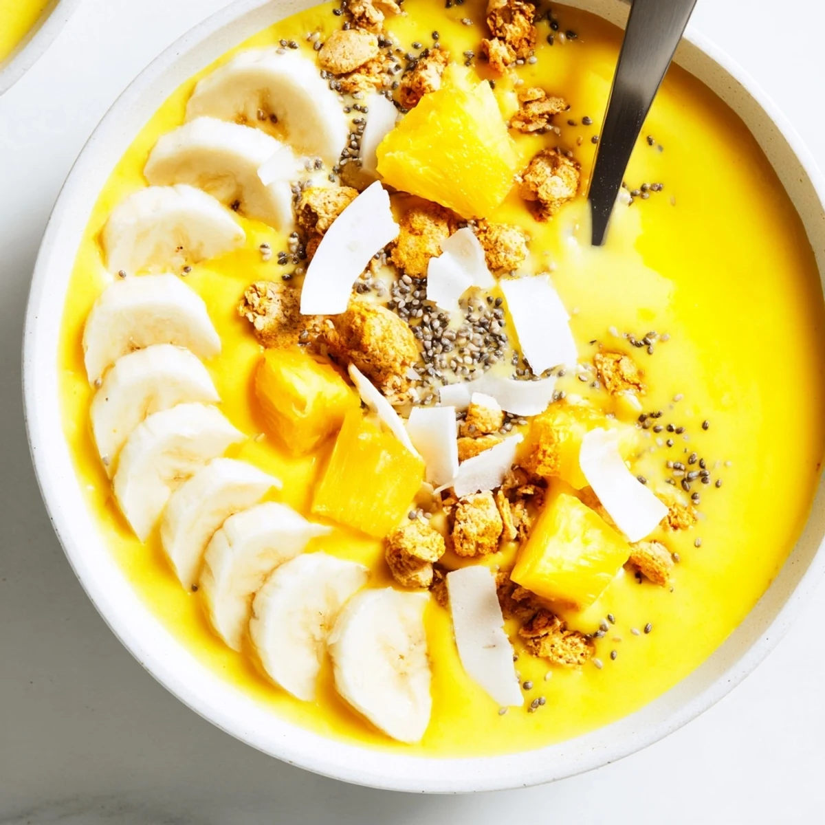Golden turmeric pineapple banana smoothie bowl topped with fresh fruit and crunchy coconut flakes