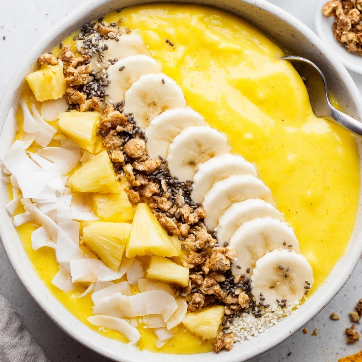Creamy tropical smoothie bowl with pineapple banana swirls and toasted coconut garnish