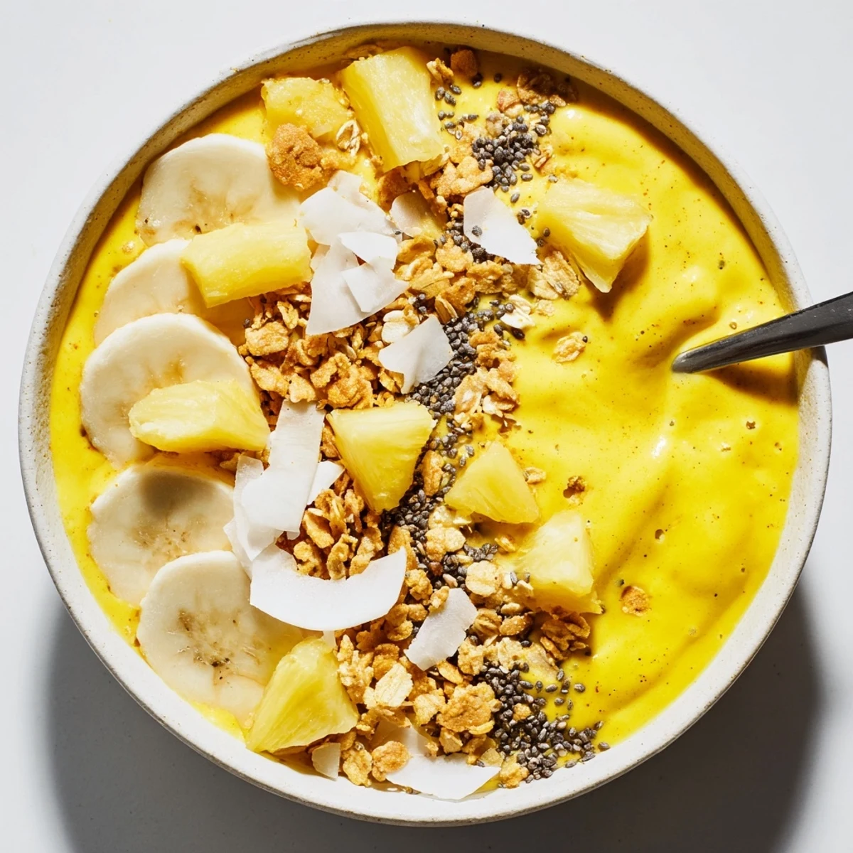 Vibrant yellow breakfast bowl featuring blended pineapple banana turmeric base with colorful toppings