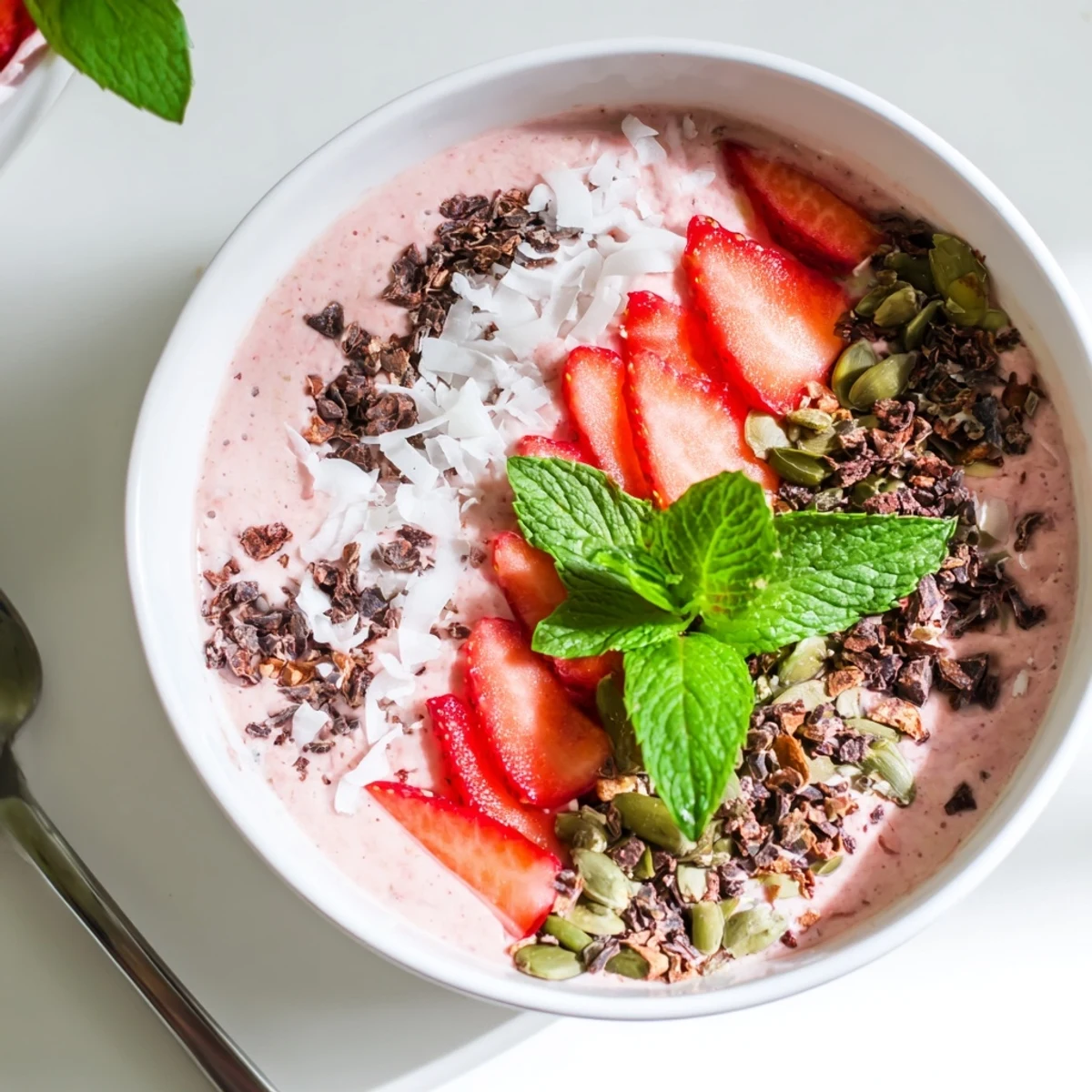 Vibrant strawberry coconut cream smoothie bowl topped with fresh berries, cacao nibs, and coconut flakes for a crunchy breakfast