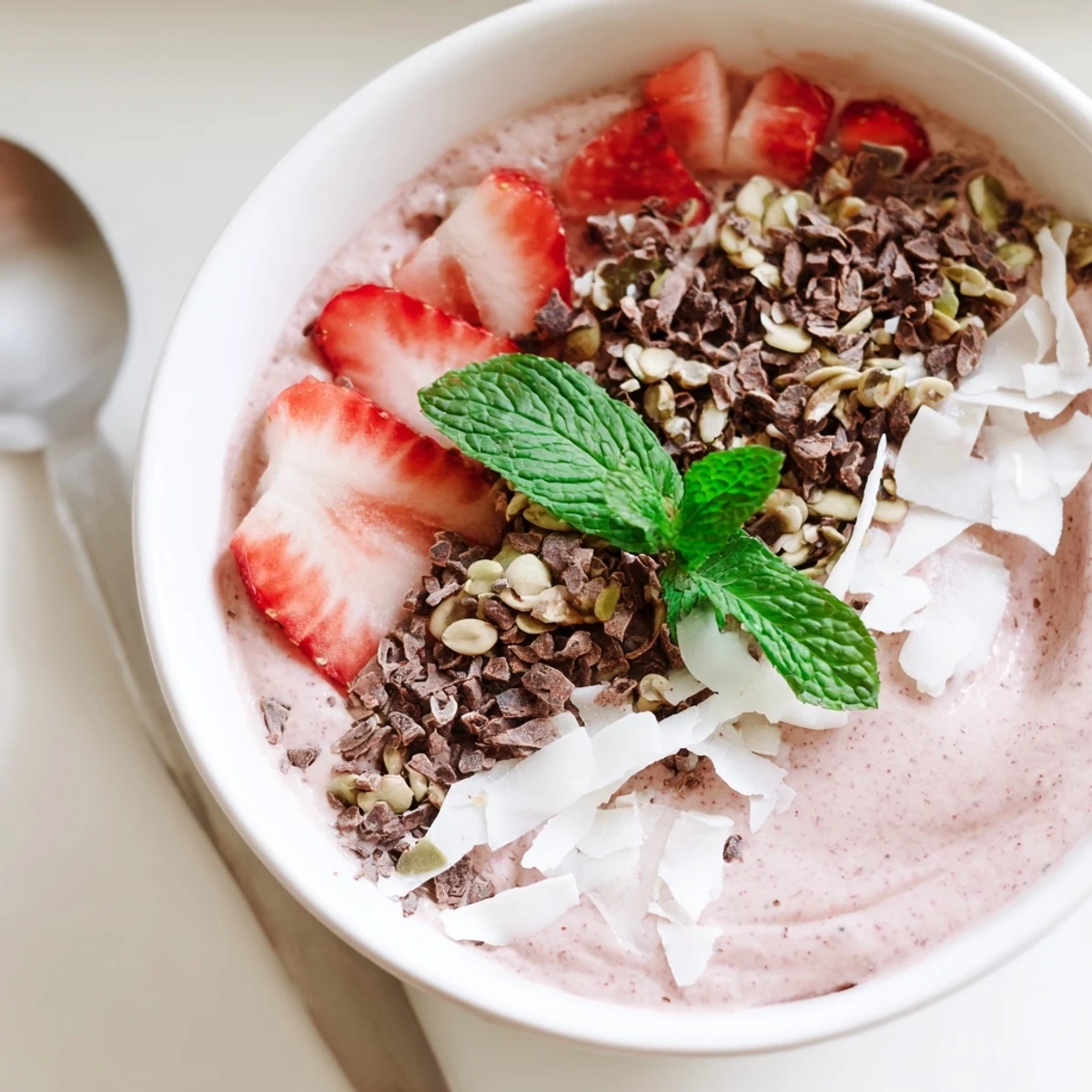 Thick and creamy strawberry coconut smoothie bowl arranged with colorful sliced strawberries, granola, and mint garnish on a white background