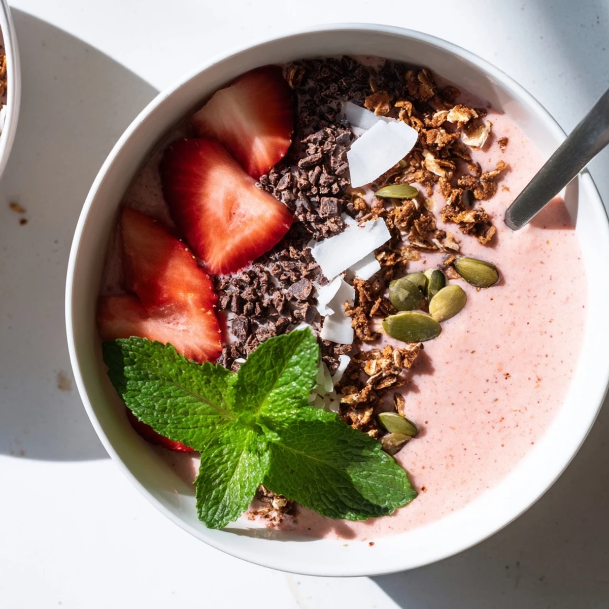Tropical strawberry coconut cream smoothie bowl showcasing layered toppings of cacao crunch, chia seeds, and shredded coconut for a nourishing breakfast