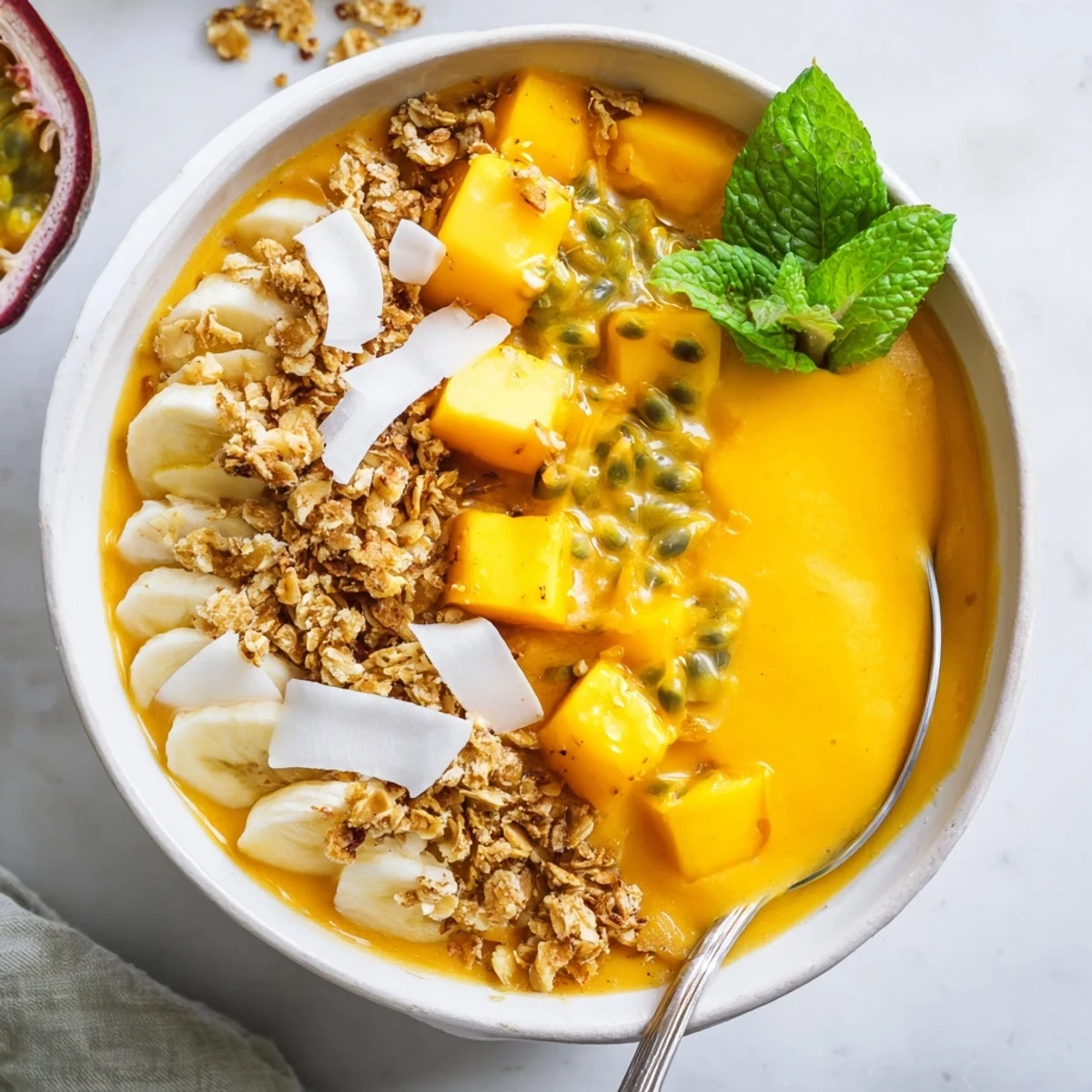 Golden mango passionfruit coconut smoothie bowl topped with crunchy almond crumble and fresh tropical fruit
