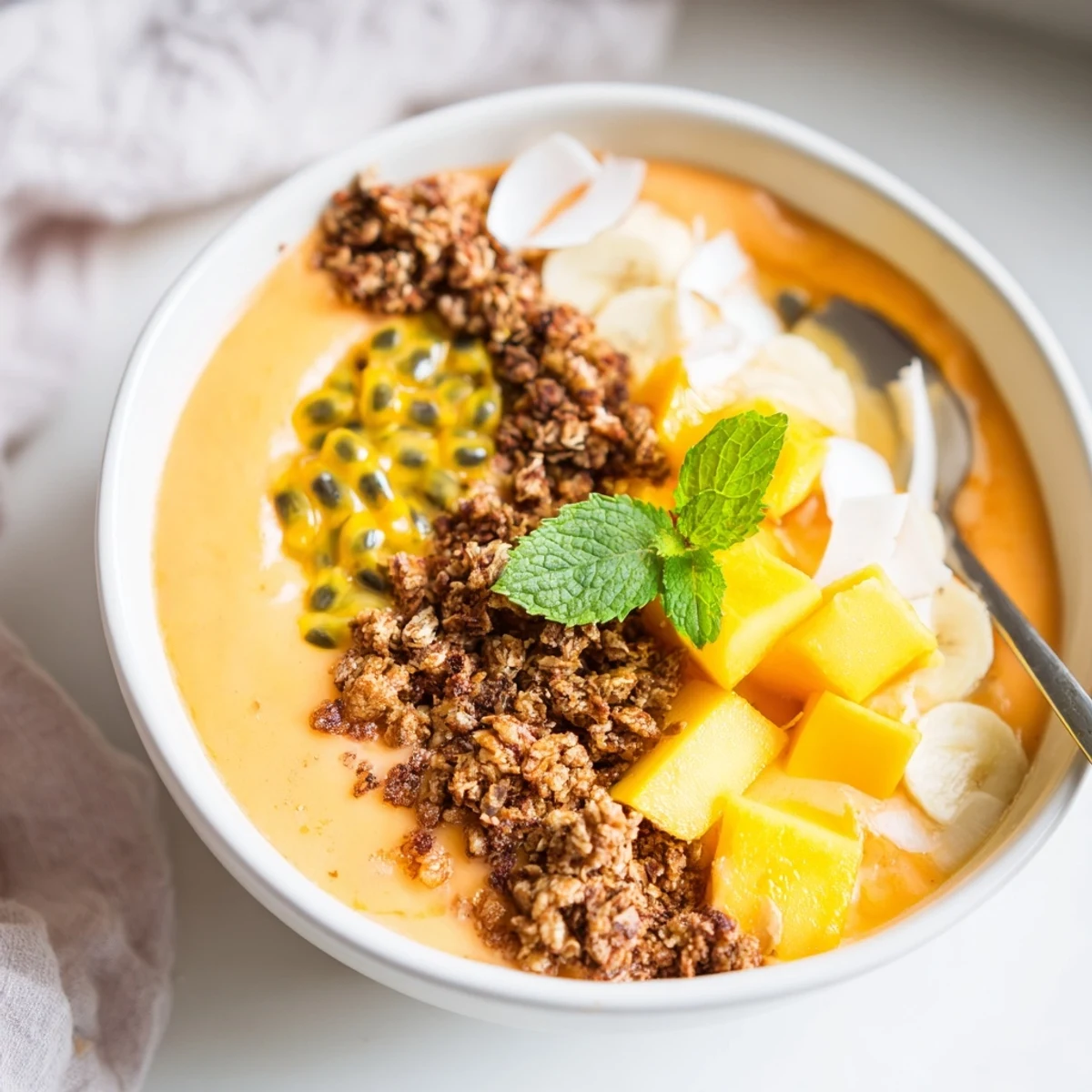 Creamy tropical smoothie bowl with mango, passionfruit, and coconut milk garnished with toasted almond oat crumble