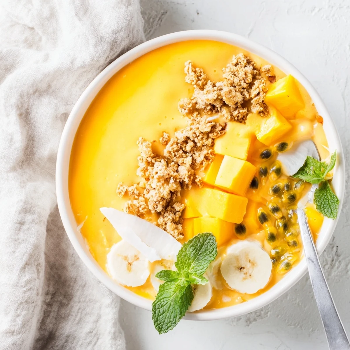 Vibrant breakfast bowl featuring blended mango passionfruit coconut base topped with crispy almond coconut crumble