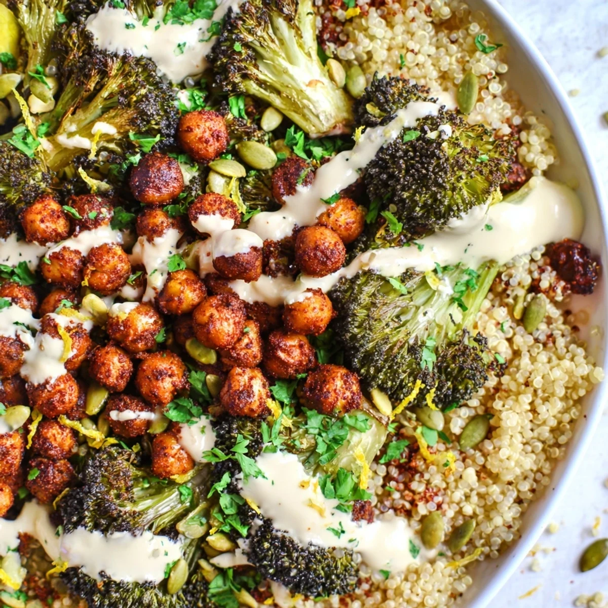 Colorful crispy lemon garlic chickpea grain bowl with roasted broccoli and tahini drizzle