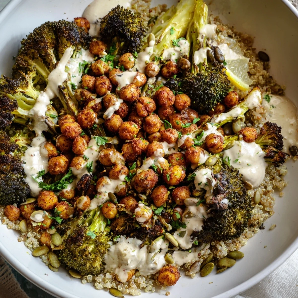 Golden crispy chickpeas atop fluffy grain bowl with charred broccoli and zesty lemon tahini