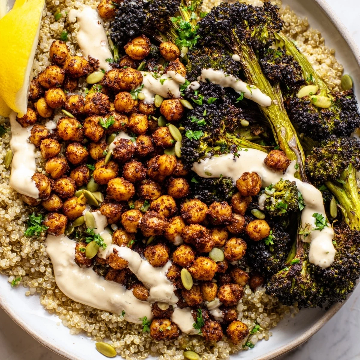 Wholesome grain bowl featuring lemon garlic chickpeas roasted broccoli and creamy tahini dressing