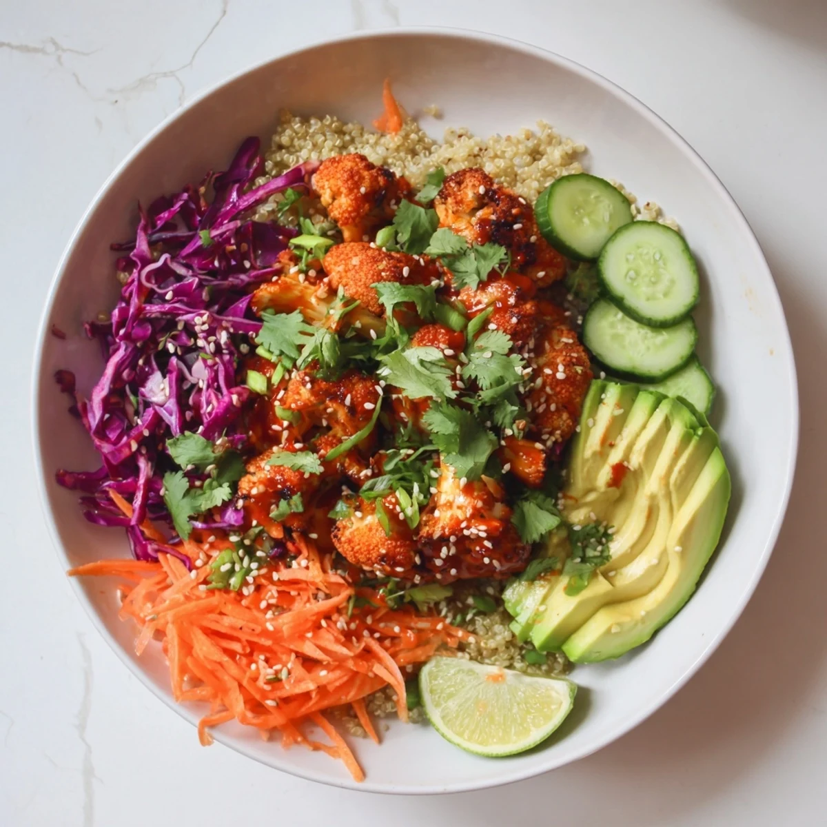 Crispy Sriracha glazed cauliflower served atop quinoa with red cabbage carrots avocado and zesty cilantro topping