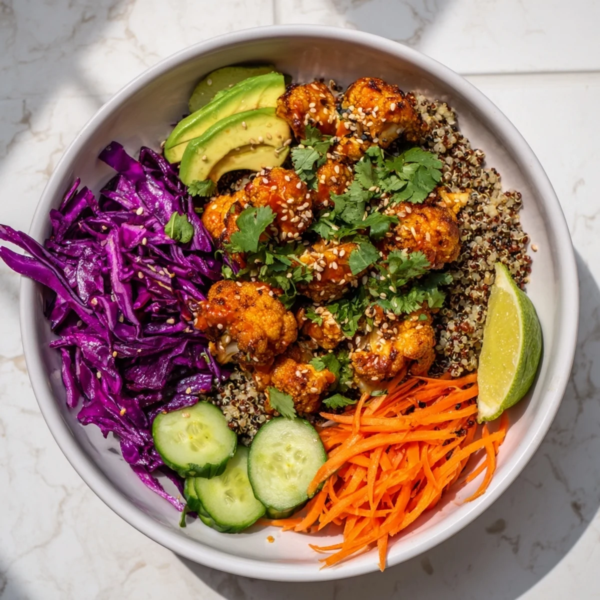 Golden spicy Sriracha roasted cauliflower florets arranged over fluffy grain bowl with colorful vegetables and fresh cilantro garnish