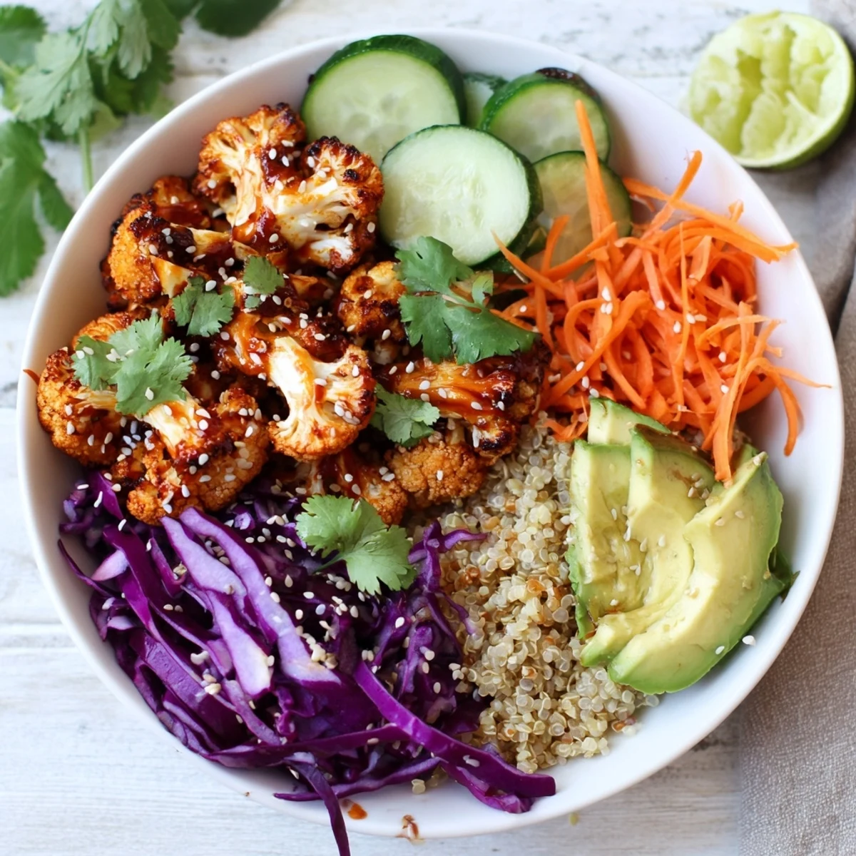 Vibrant vegetarian bowl featuring spicy roasted cauliflower grains crisp vegetables sesame seeds and lime wedges for fresh flavor