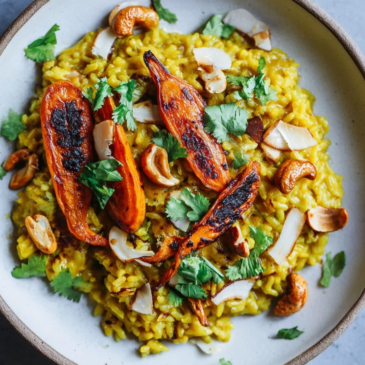 Golden turmeric coconut brown rice topped with caramelized charred carrots and fresh cilantro garnish