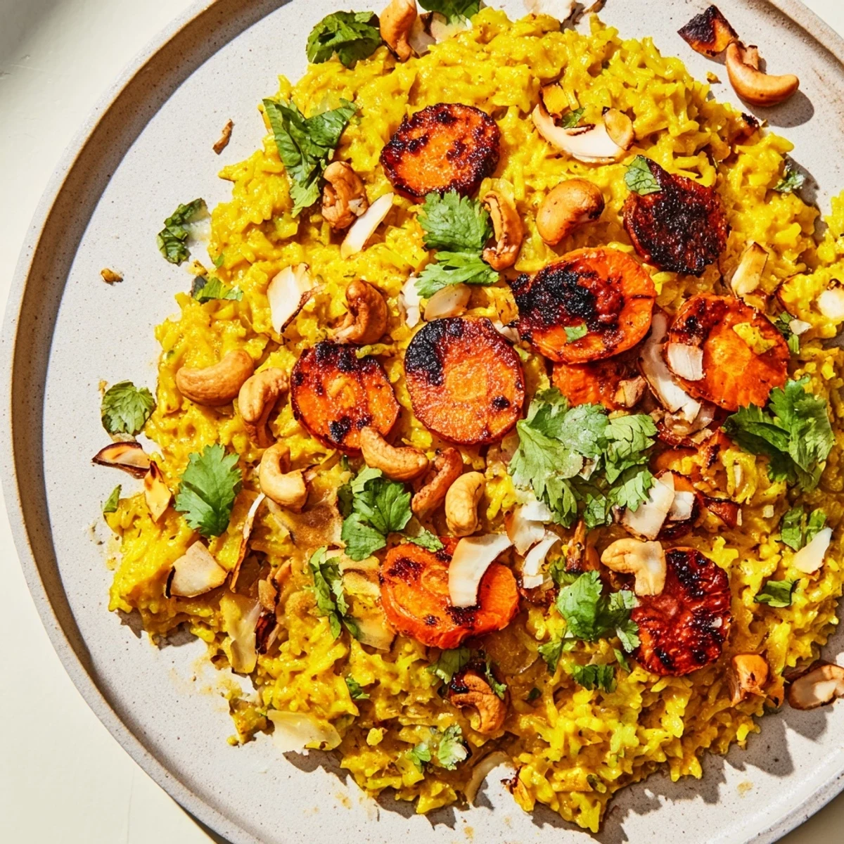 Vibrant bowl of turmeric coconut brown rice served alongside smoky roasted carrot halves