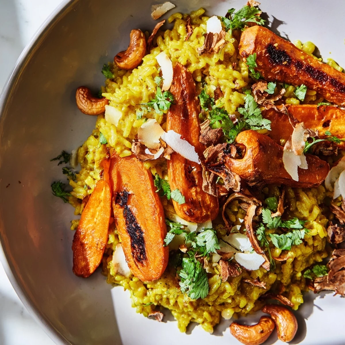 Creamy turmeric coconut brown rice plated with sweet charred carrots and toasted coconut flakes