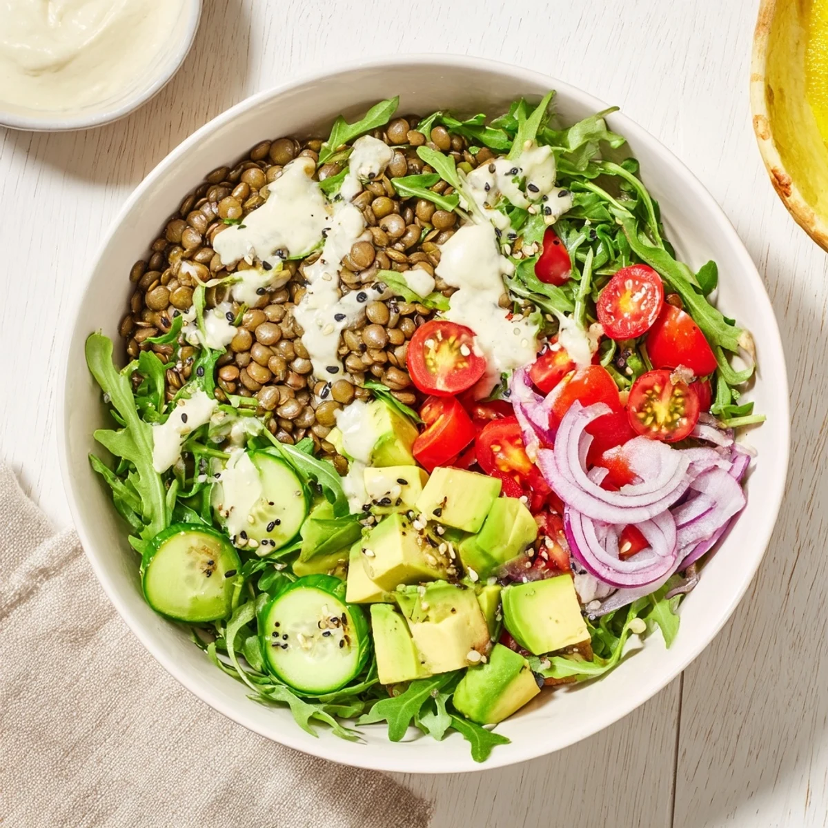 Hearty vegan lentil salad bowl featuring fresh arugula, diced avocado, cherry tomatoes, and protein-rich hemp seed topping