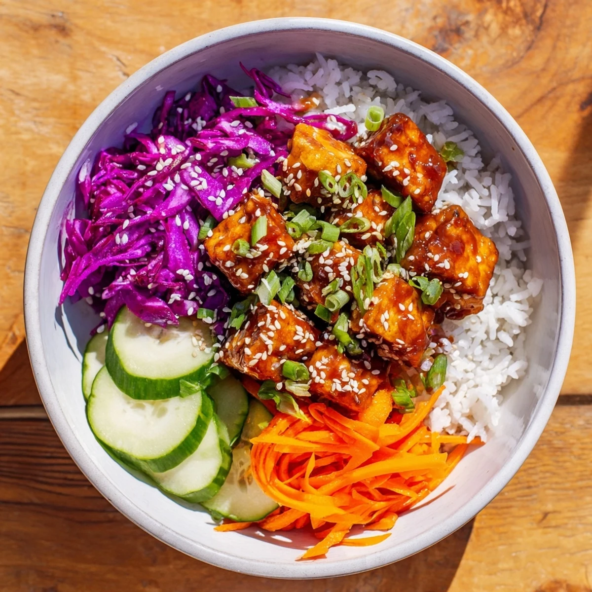 Golden brown sticky ginger garlic tempeh served over rice with tangy pickled red cabbage and fresh vegetables in a colorful vegan bowl