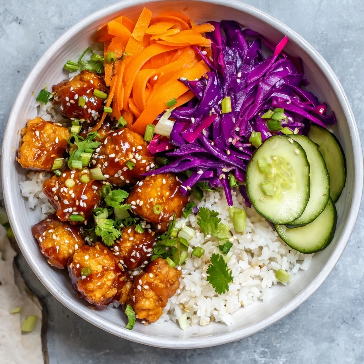Crispy tempeh cubes glazed in sweet and savory ginger garlic sauce atop fluffy rice with vibrant purple pickled cabbage and crisp cucumber slices
