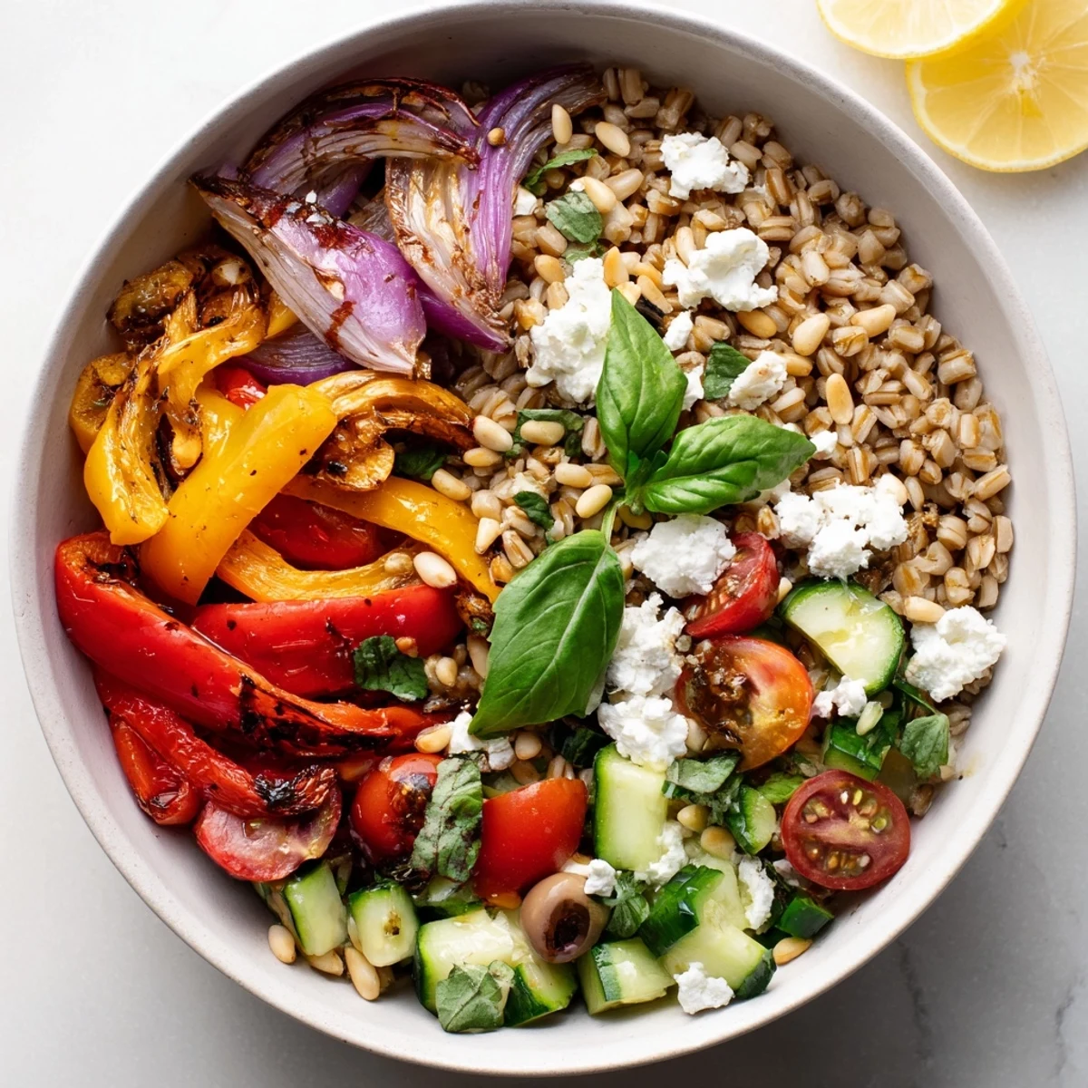Colorful Mediterranean roasted pepper farro grain bowl topped with olives, feta, and fresh herbs
