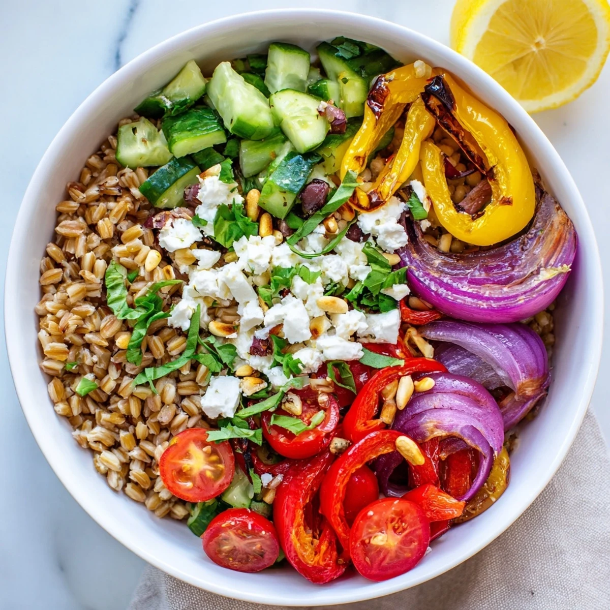 Mediterranean roasted pepper farro grain bowl drizzled with lemon dressing and garnished with pine nuts