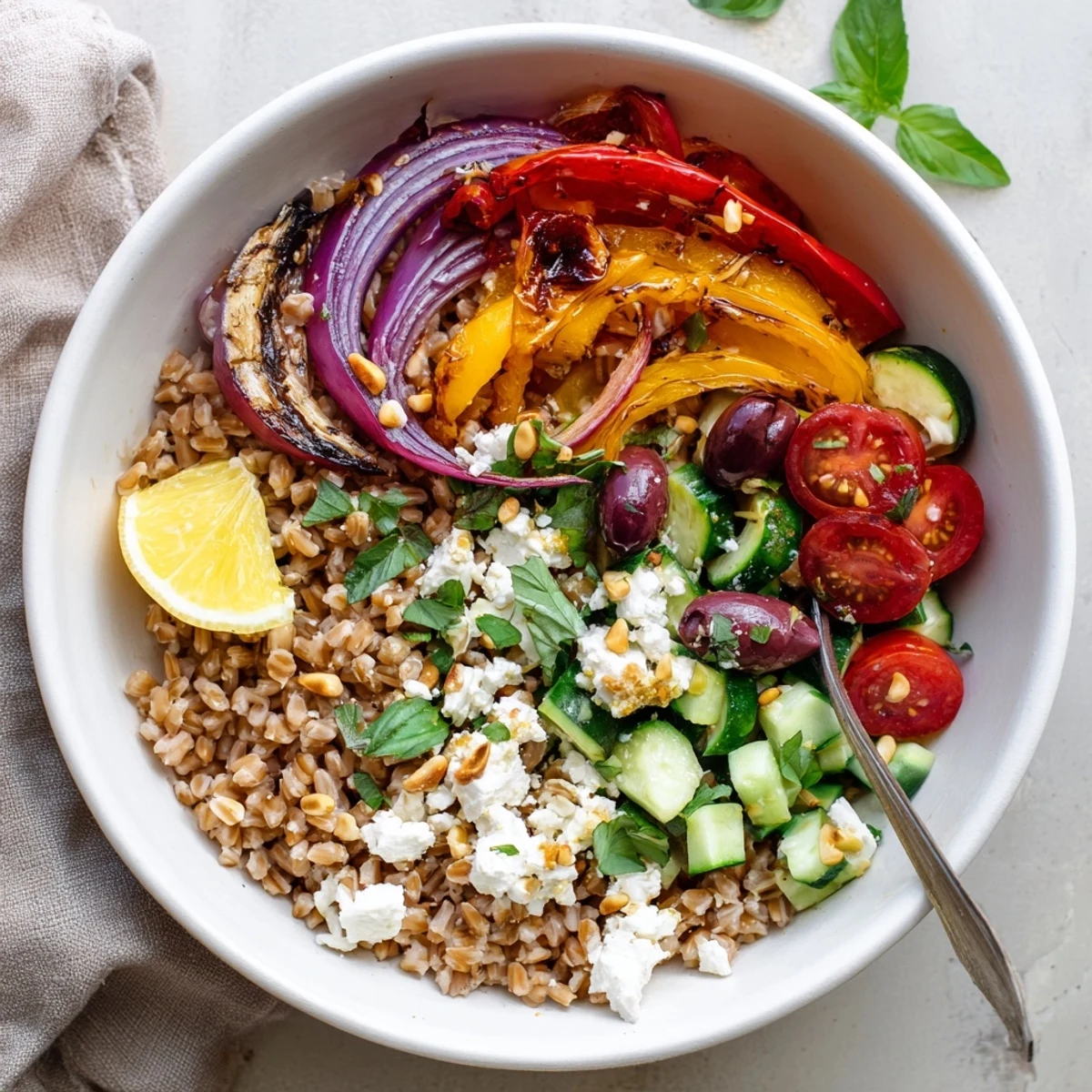 Wholesome farro grain bowl featuring sweet roasted peppers and briny Kalamata olives in a vibrant arrangement