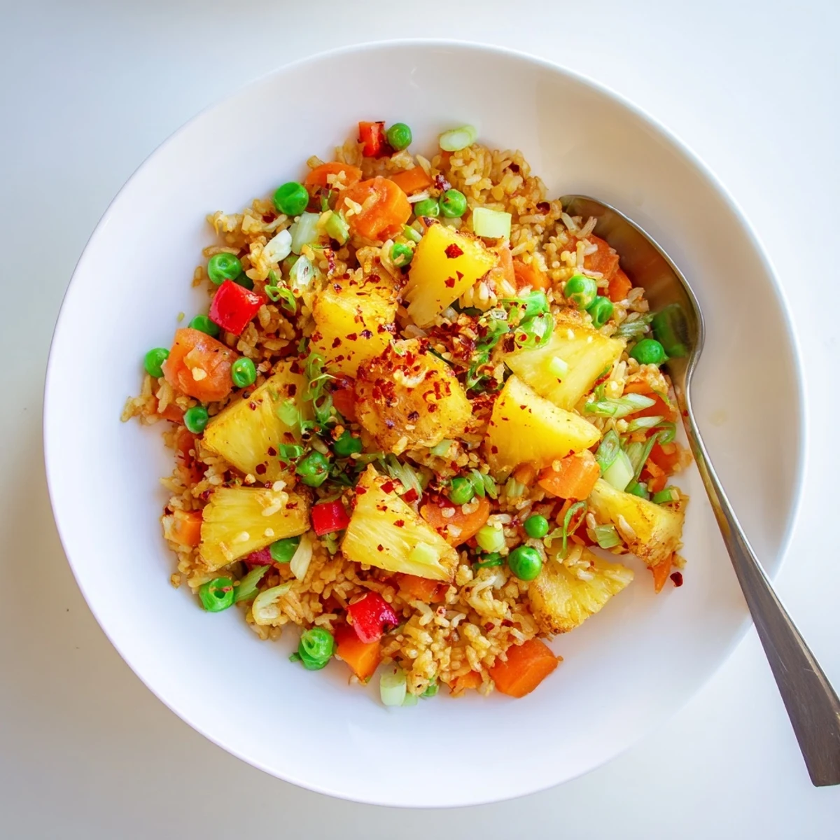 Golden fried rice wok-tossed with sweet pineapple chunks, zesty lime, and vibrant vegetables