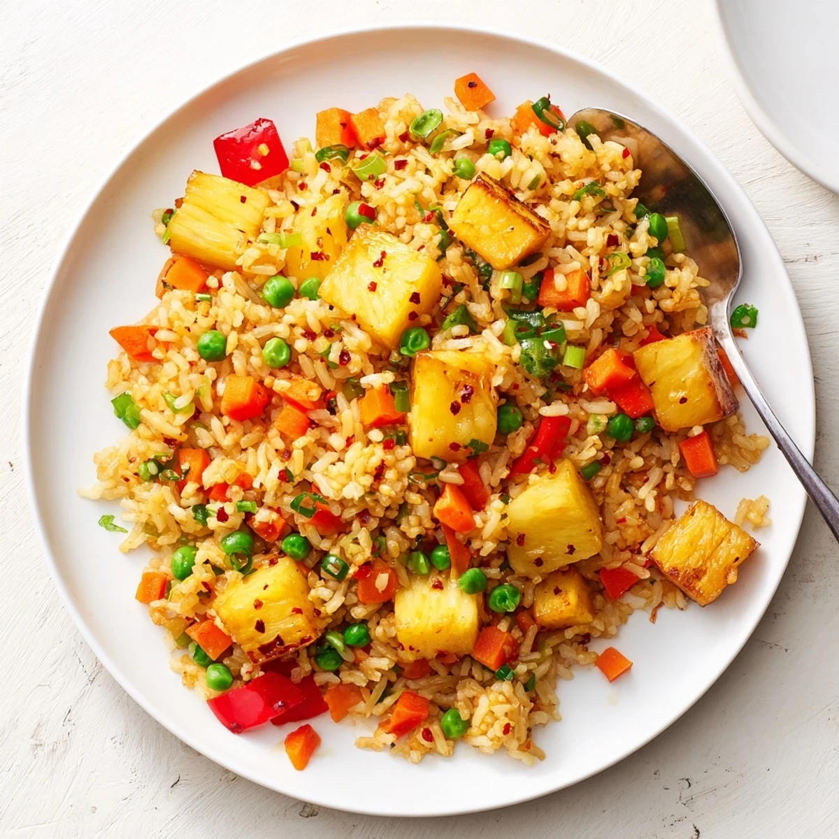 Steaming plate of vegetarian Chili Lime Pineapple Fried Rice garnished with green scallions and lime wedges