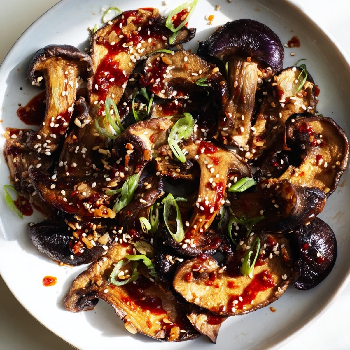 Colorful roasted vegetable bowl featuring spicy chili crisp roasted mushrooms with fresh scallions