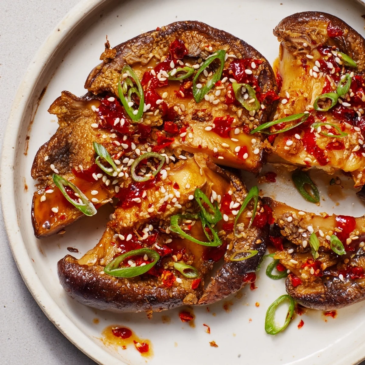 Golden brown mushrooms and crisp vegetables topped with fiery chili crisp sauce over rice