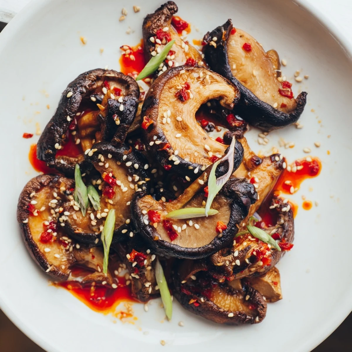 Vibrant veggie bowl with tender roasted mushrooms drizzled with spicy chili crisp dressing