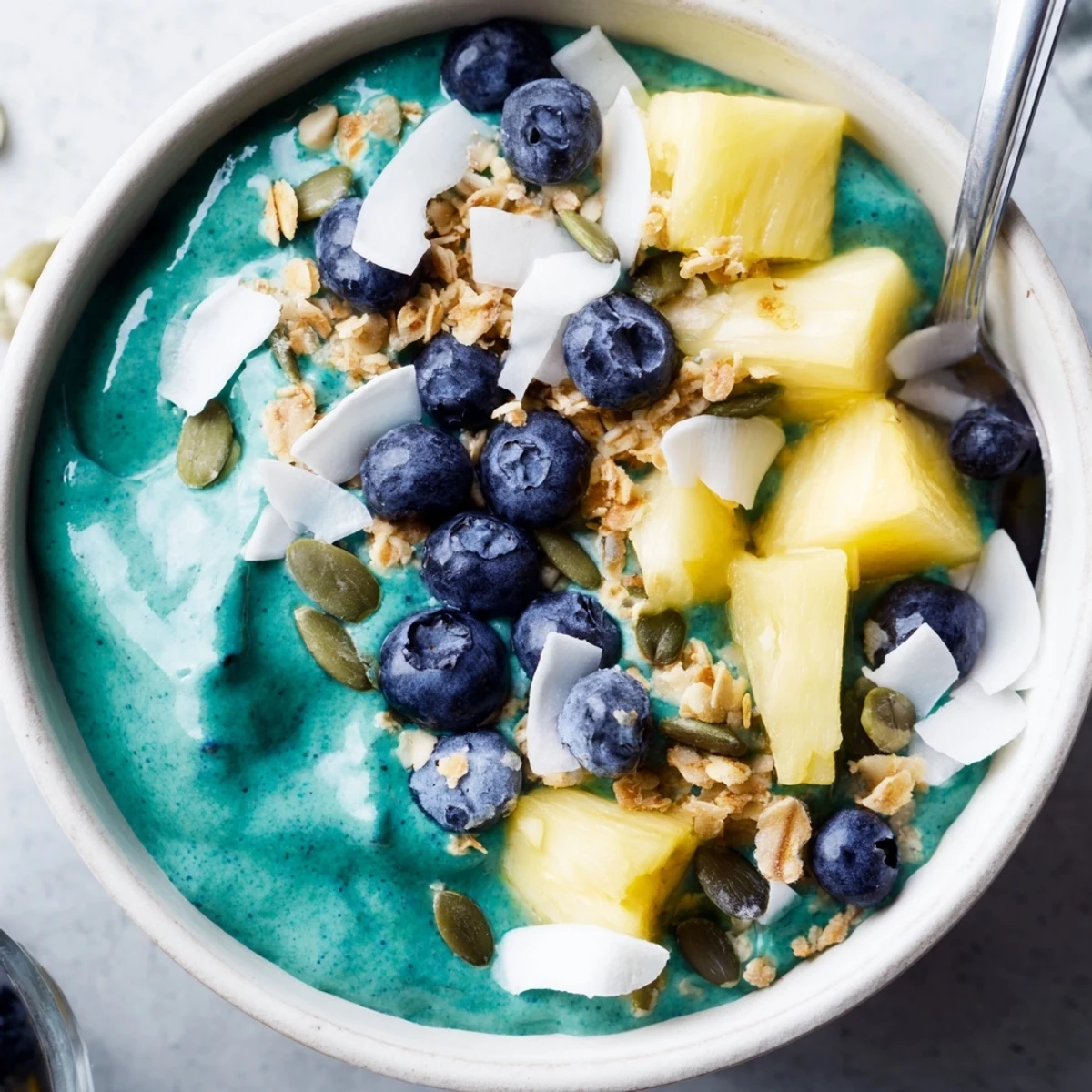 Creamy tropical blue spirulina smoothie bowl with pineapple chunks and textured granola coconut topping