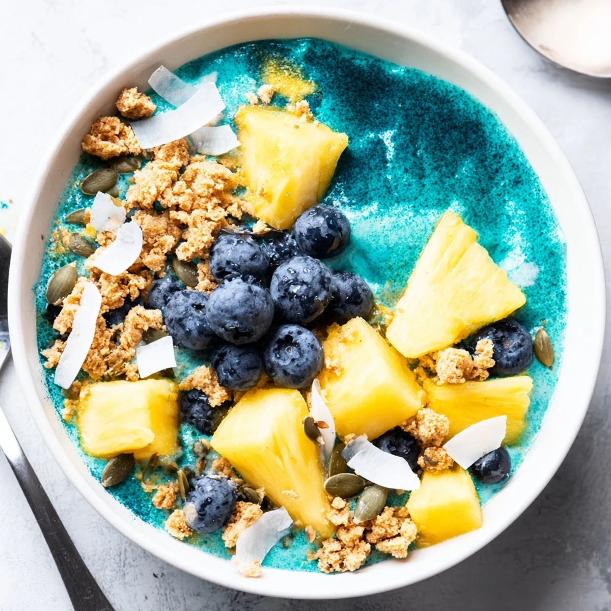 Vibrant pineapple blue spirulina smoothie bowl topped with fresh fruit and crunchy coconut flakes