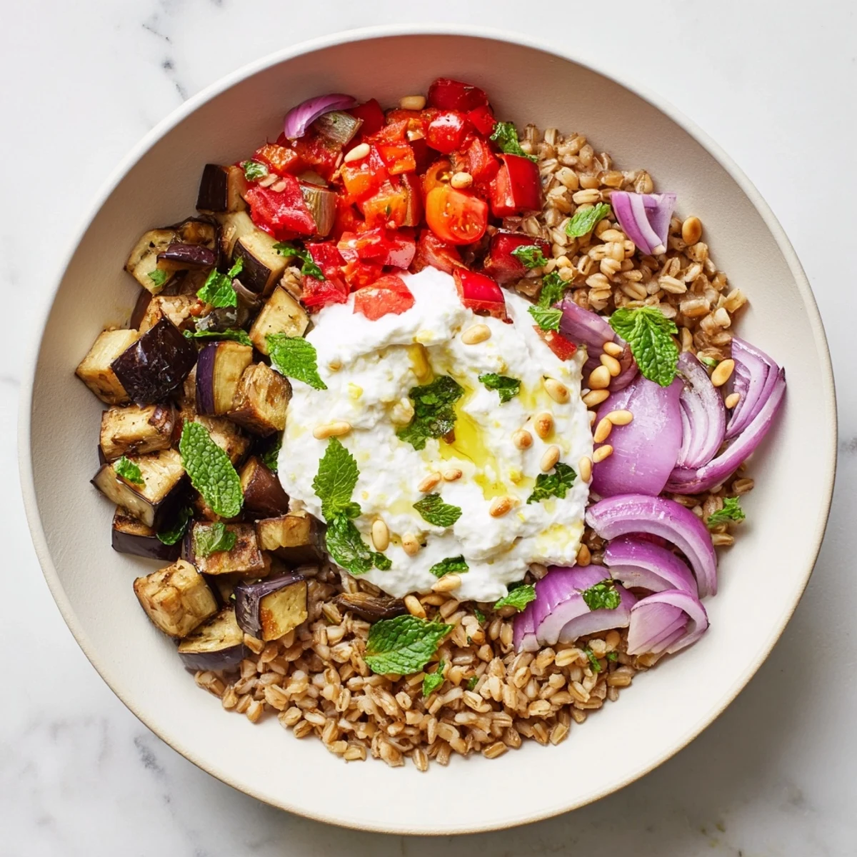 Hearty farro bowl featuring tender roasted eggplant bell pepper and cool Greek yogurt topping
