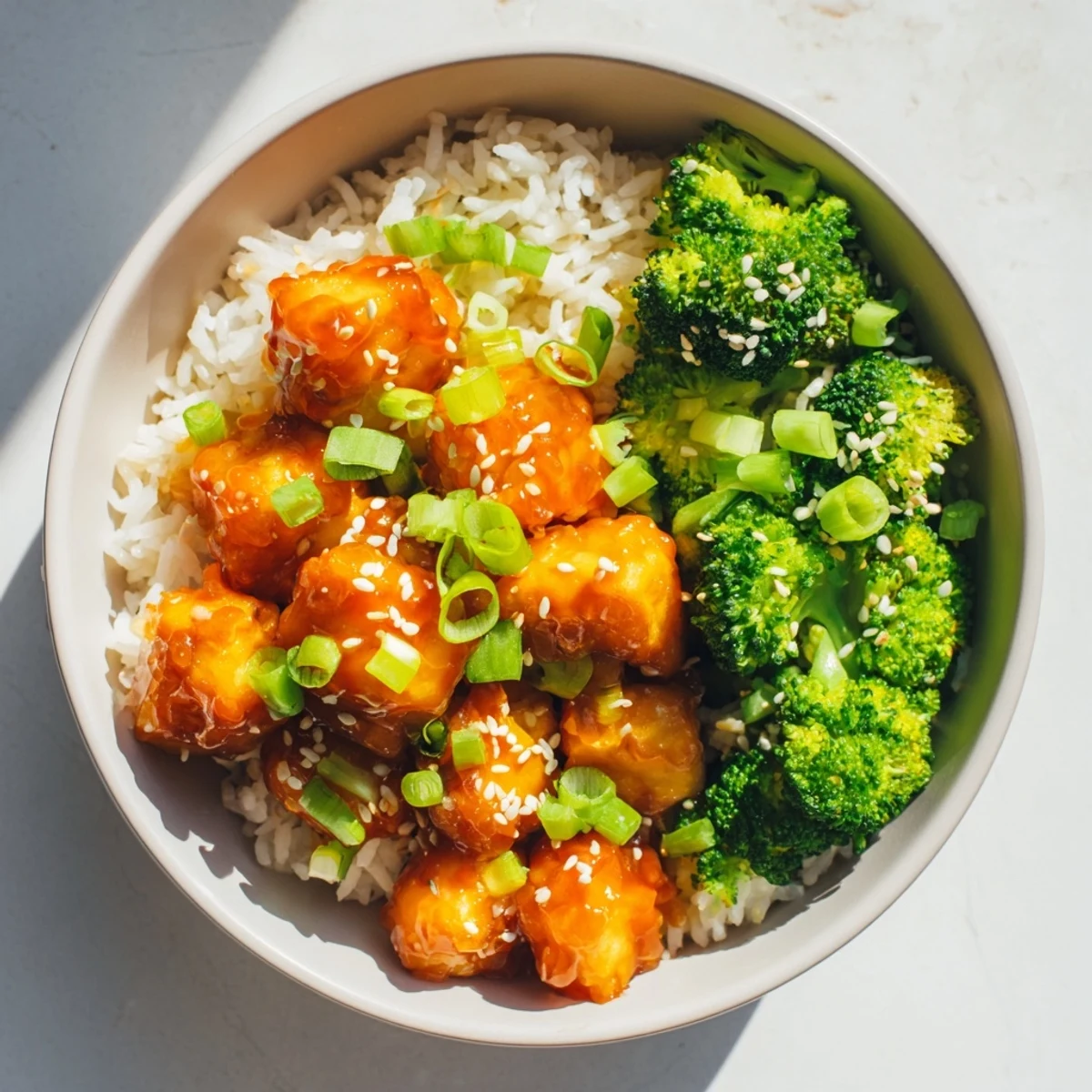 Colorful vegan sticky orange chili tofu served with sesame broccoli in a rice bowl