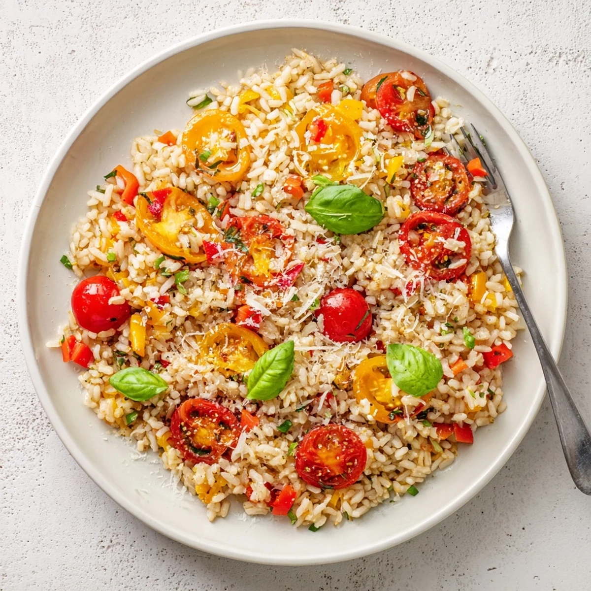 Golden fried rice studded with juicy tomatoes and fresh basil garnished with grated Parmesan