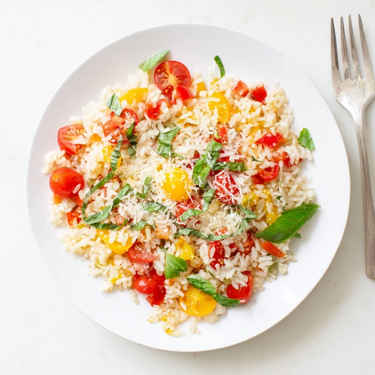 Wok tossed garlic basil tomato fried rice topped with savory Parmesan cheese shavings