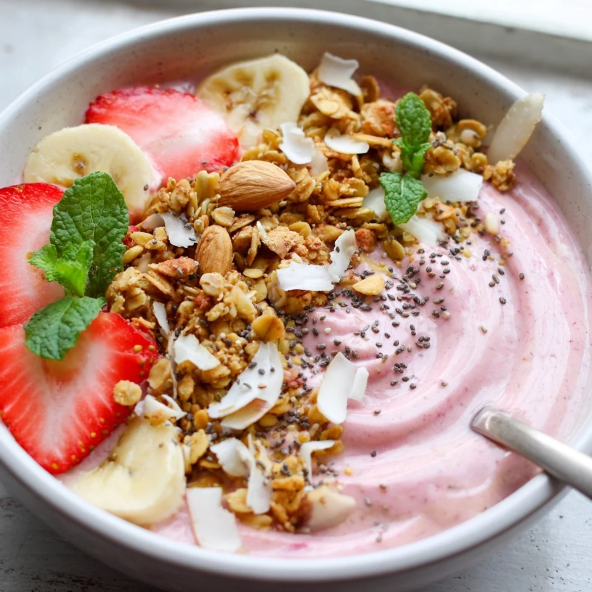 Thick strawberry cashew cream smoothie bowl topped with golden homemade granola and fresh sliced strawberries