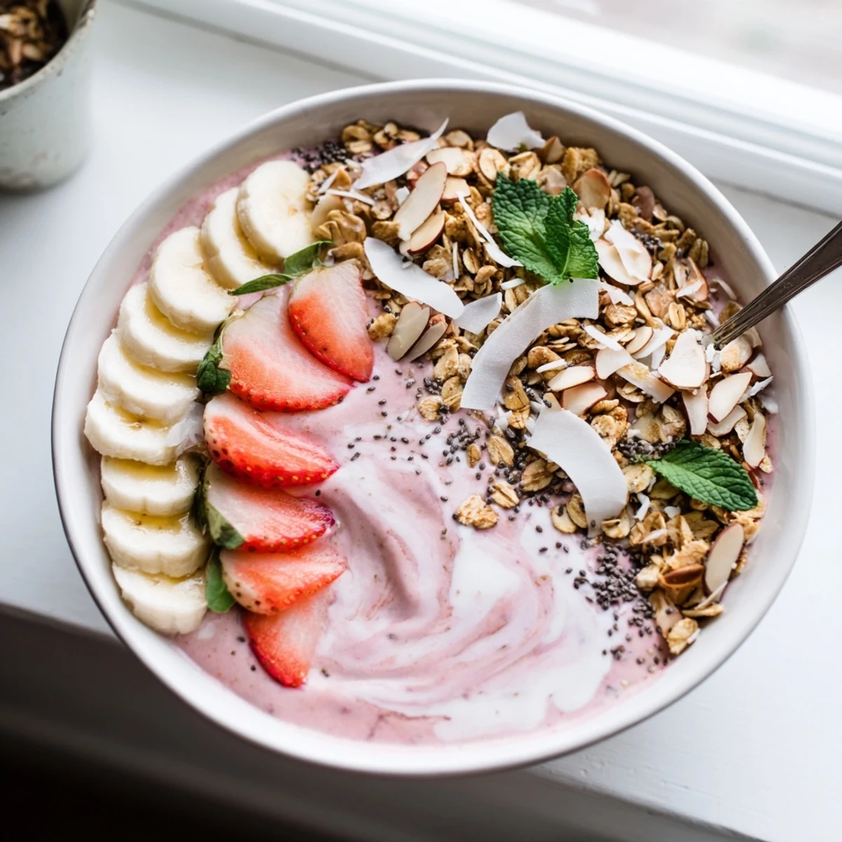 Creamy vegan smoothie bowl with frozen strawberries, crunchy oats, almonds, coconut, and banana slices
