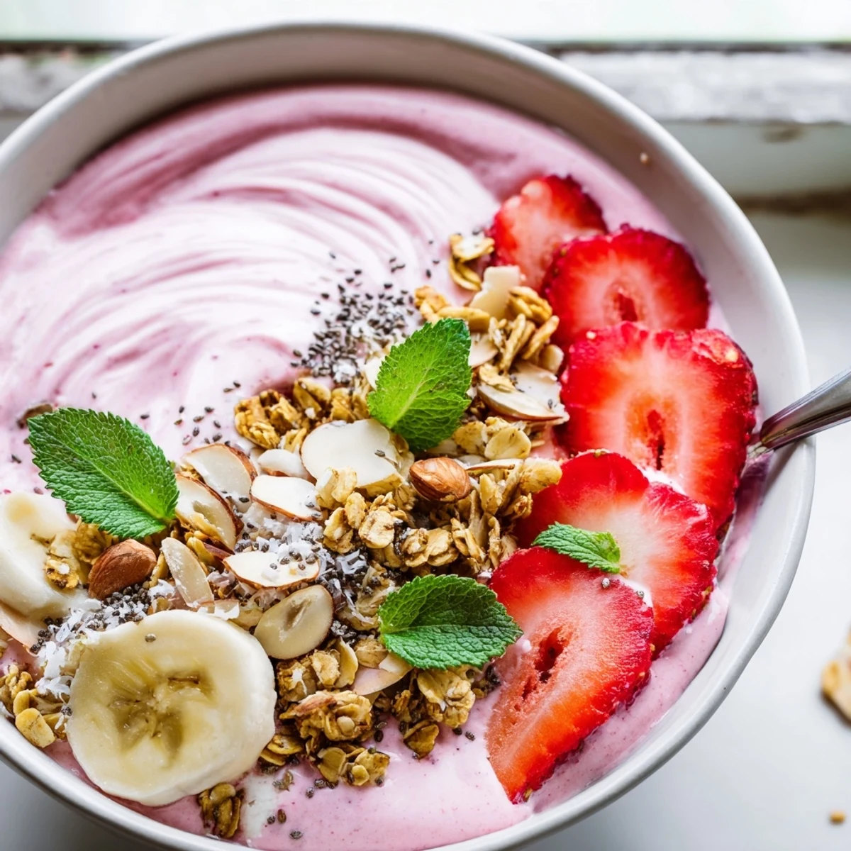 Vibrant breakfast bowl featuring smooth strawberry cashew cream sprinkled with cinnamon granola crumble and mint