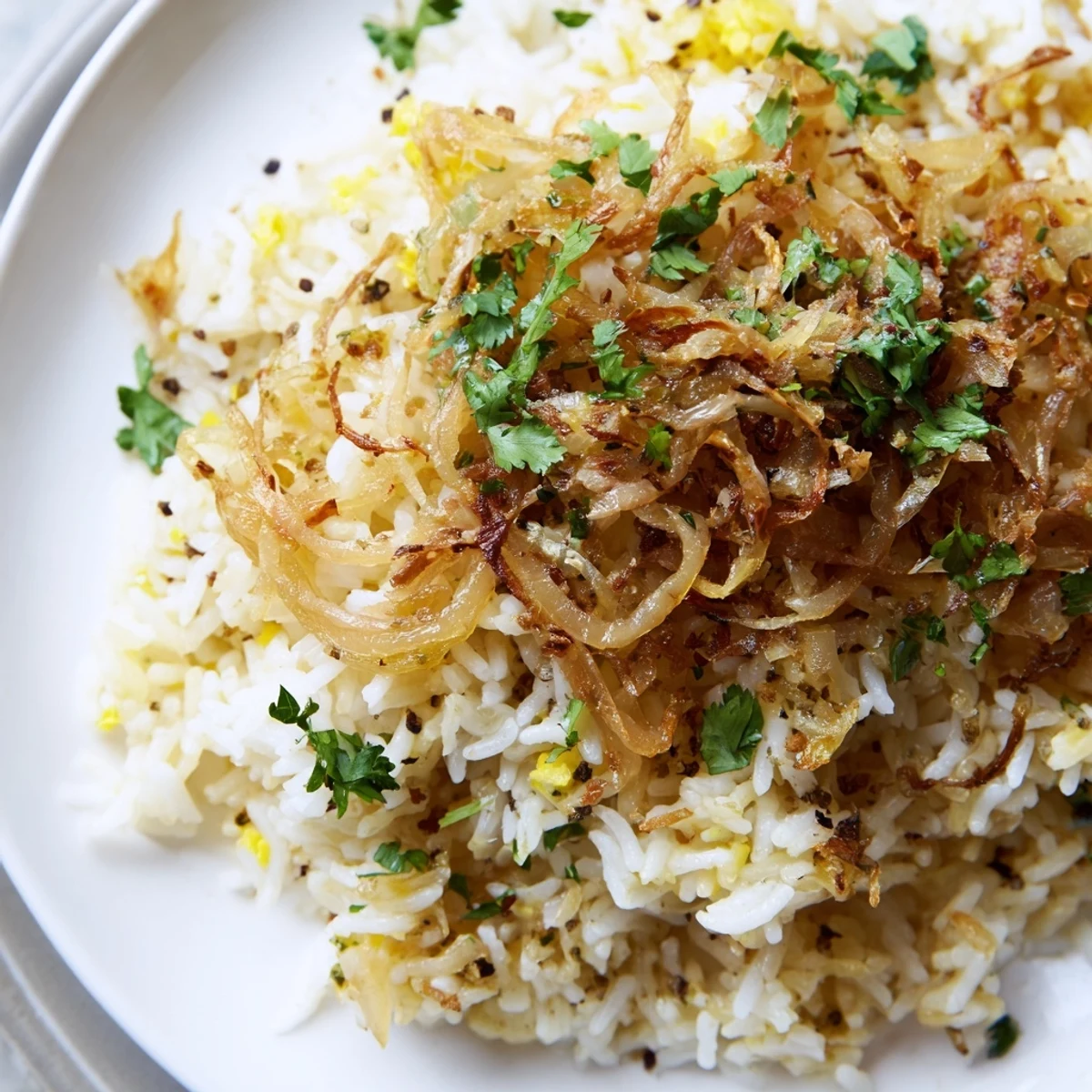 Fluffy coconut ginger lime rice crowned with golden caramelized onions and fresh cilantro in a white serving bowl