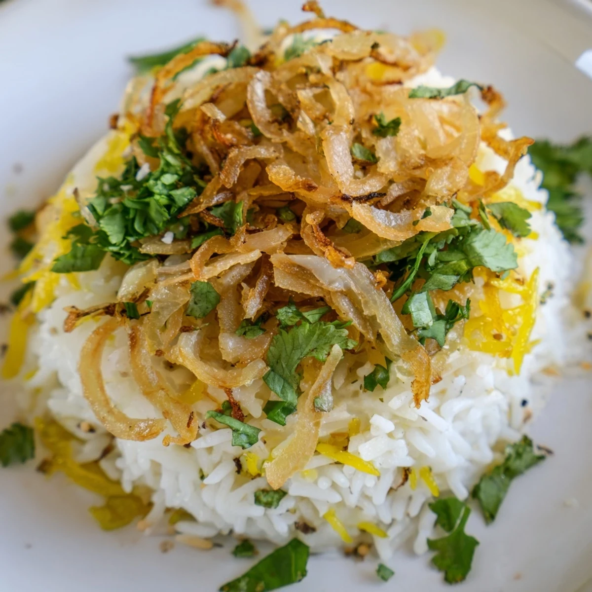 Vegan coconut lime rice dish garnished with caramelized onion strands and chopped herbs on a rustic wooden table