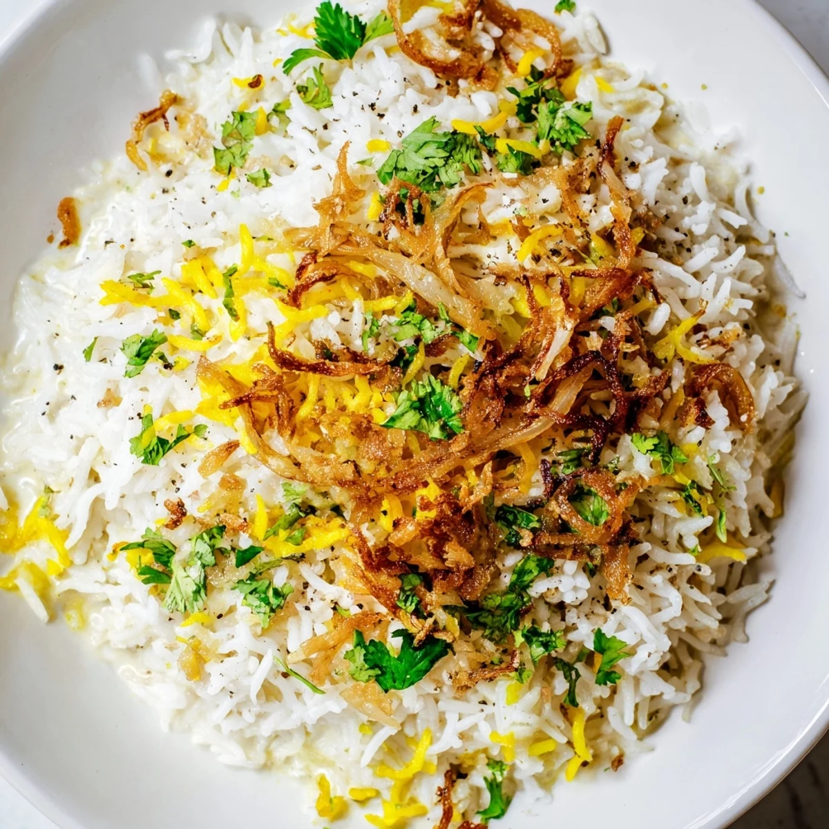Creamy basmati rice infused with ginger and lime zest topped with sweet browned onions and toasted coconut flakes