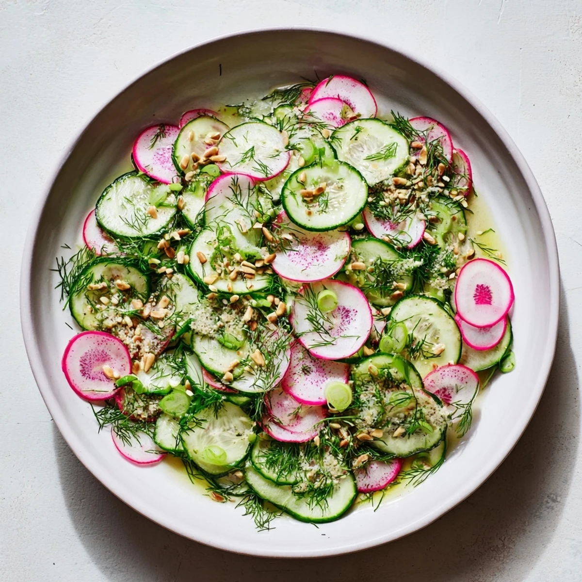Fresh cucumber radish dill salad bowl topped with crunchy toasted sunflower seeds
