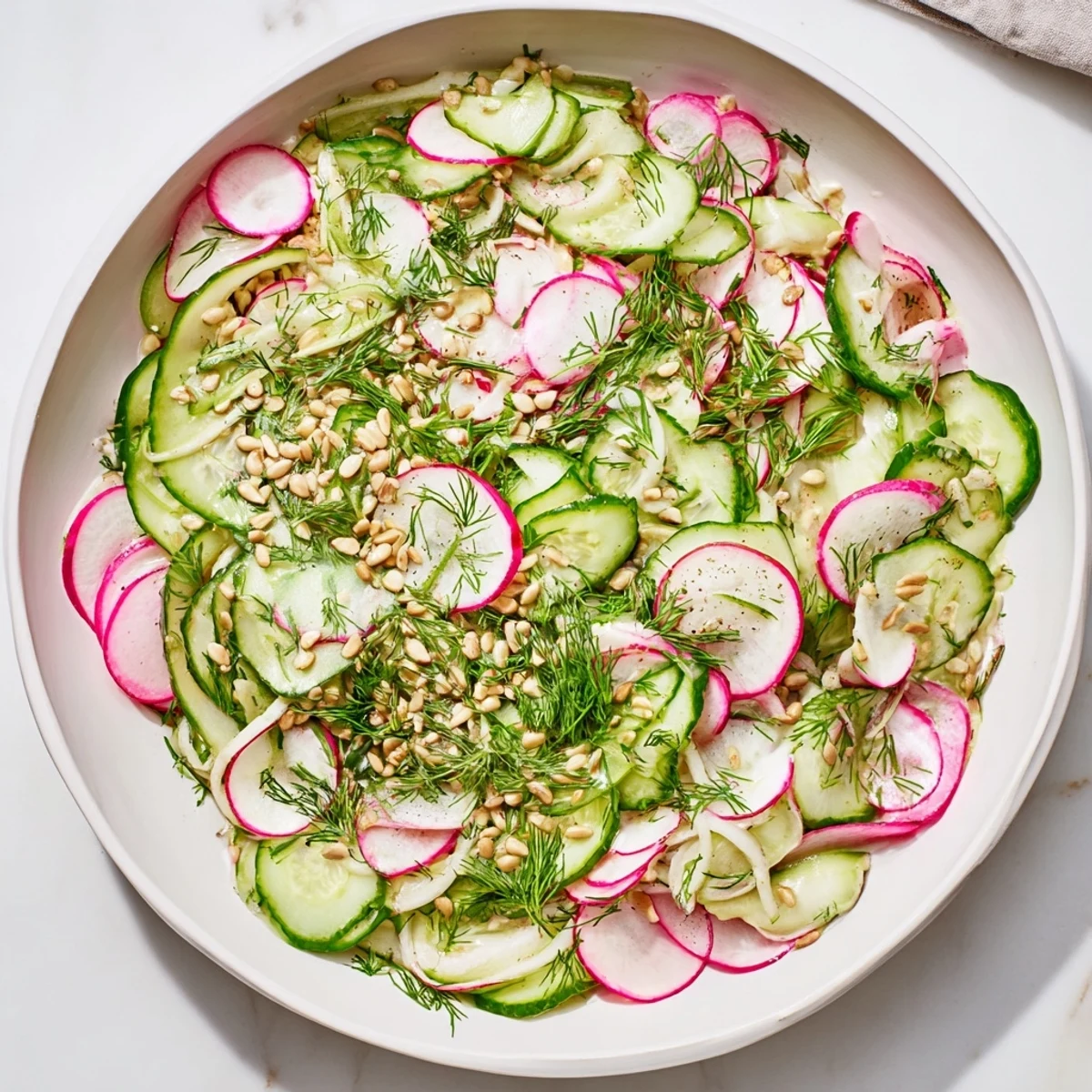 Vibrant cucumber radish dill salad bowl featuring nutty toasted sunflower seed garnish