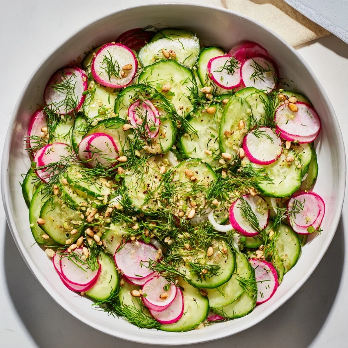 Crisp cucumber radish dill salad bowl drizzled with dressing and sunflower seeds