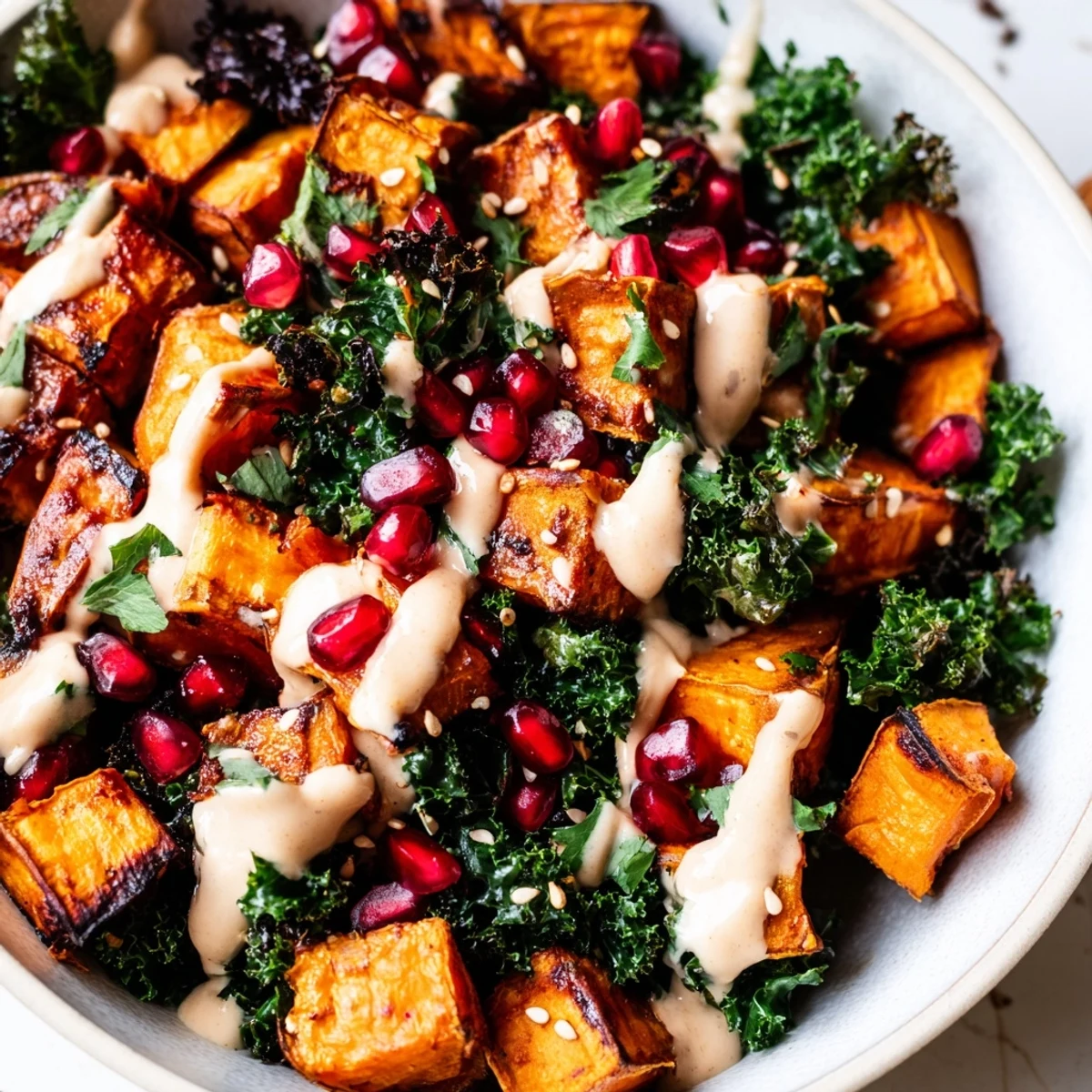 Colorful roasted garlic tahini sweet potato grain bowl with crispy kale and quinoa