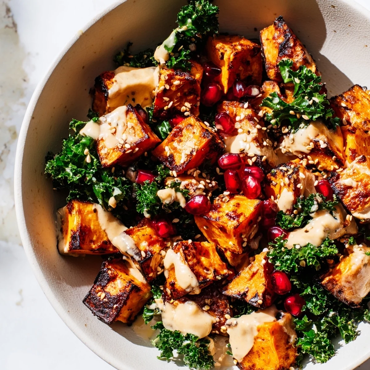 Hearty sweet potato grain bowl topped with garlicky tahini sauce and crispy baked kale